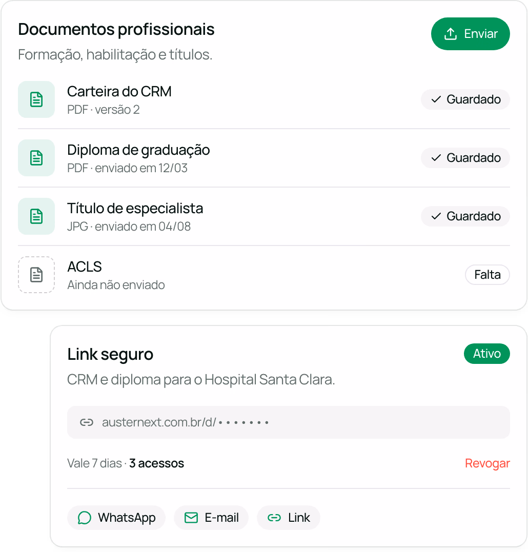 Documentos profissionais guardados no Auster Next (CRM, diploma e título de especialista) e um link seguro com prazo para o hospital.