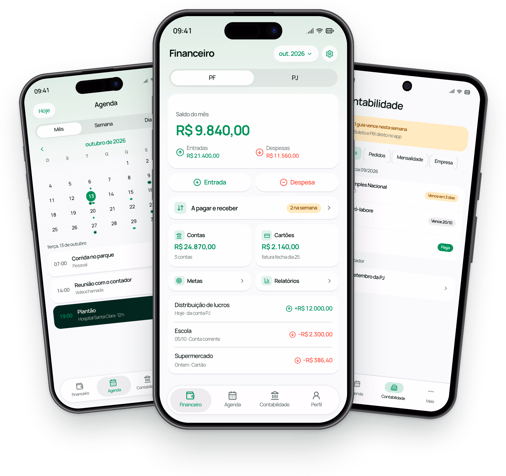 Auster Next no celular: o financeiro da pessoa física no iPhone, a agenda do mês e a contabilidade da PJ no Android.