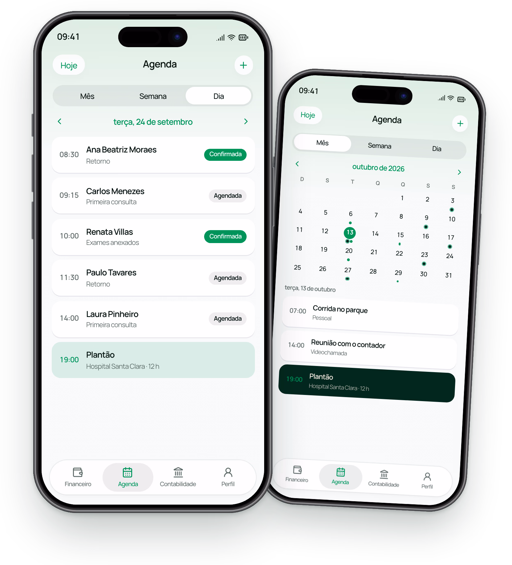 Agenda do Auster Next no iPhone: as consultas do dia com o plantão da noite e a visão do mês com os compromissos pessoais.