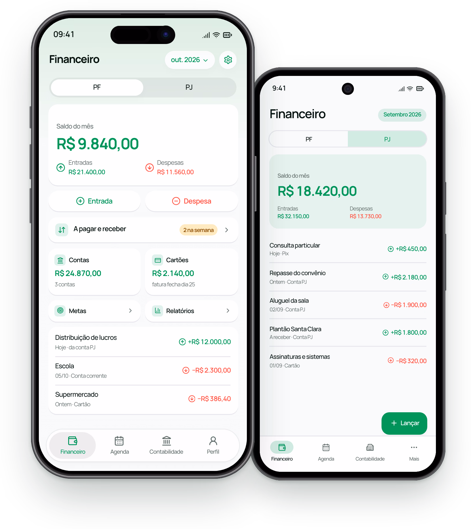 Financeiro do Auster Next no iPhone (pessoa física) e no Android (PJ), com saldo do mês e últimos lançamentos.