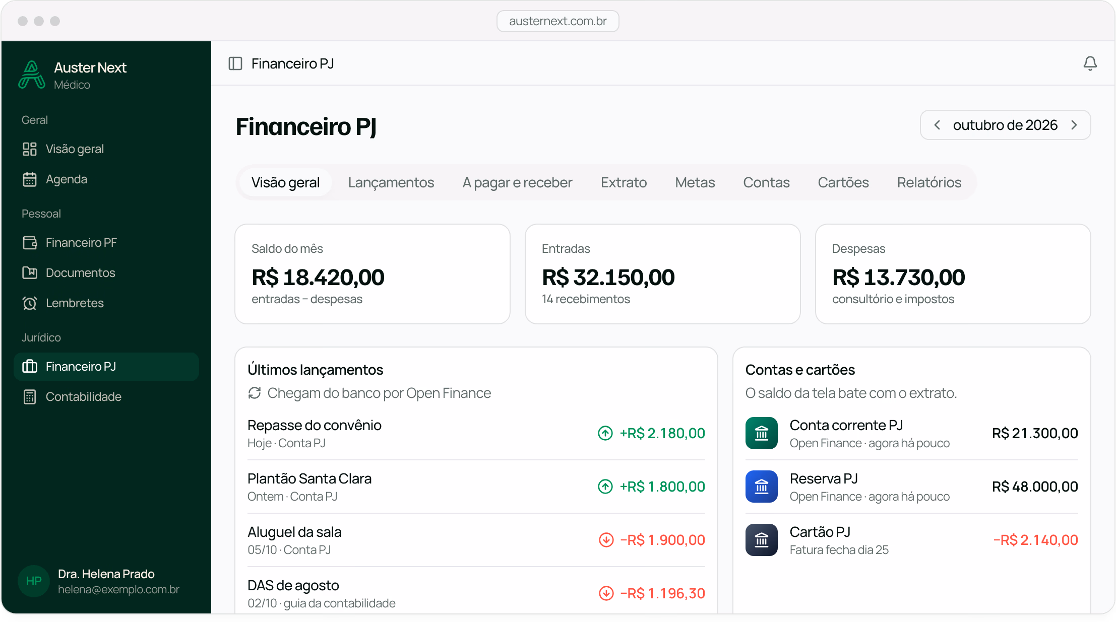 Financeiro da PJ no Auster Next: saldo, entradas e despesas do mês, os últimos lançamentos vindos do banco e as contas e cartões.