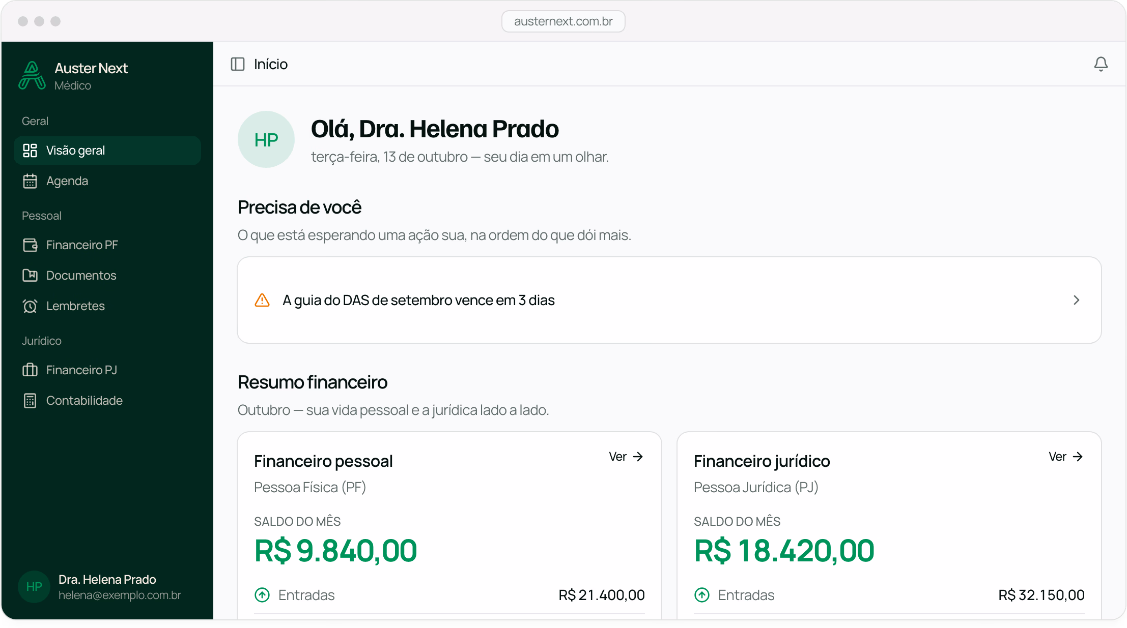 Visão geral do Auster Next na web: um aviso de guia vencendo e o resumo financeiro da pessoa física e da PJ lado a lado.